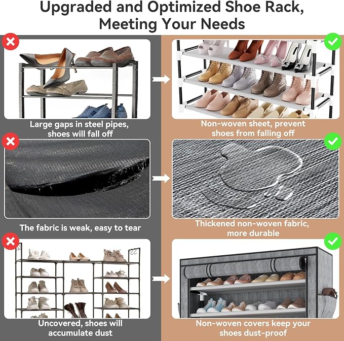 LANTEFUL Shoe Rack with Covers 10 Tier Tall Shoe Rack Organizer Large Capacity Shoe Shelf Storage 40 Pairs Space Saving Free Standing Shoe Storage Organizer for Closet, Entryway, Dorm, Printing - Image 7