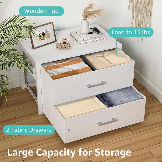 BOLUO Stackable Storage Drawers Closet Organizers and Storage Fabric White 2 Drawer Dresser for Bedroom 2 Packs Modern - Image 6