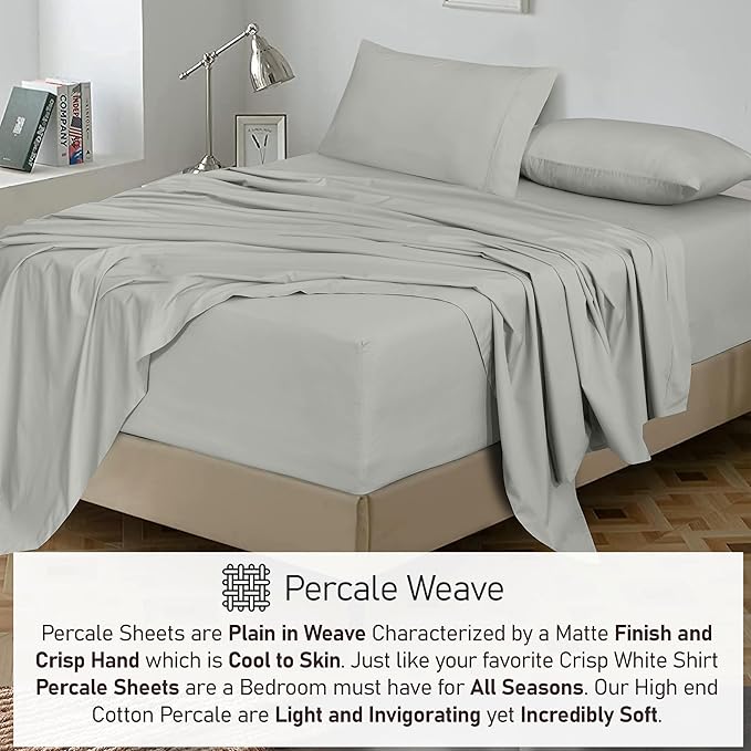 RUVANTI 100% Cotton Sheets – Queen Size Percale Bedding, Cooling & Breathable, Durable with a Crisp, Soft & Comfortable Feel, 16" Deep Pocket, 4-Piece Set, Silver