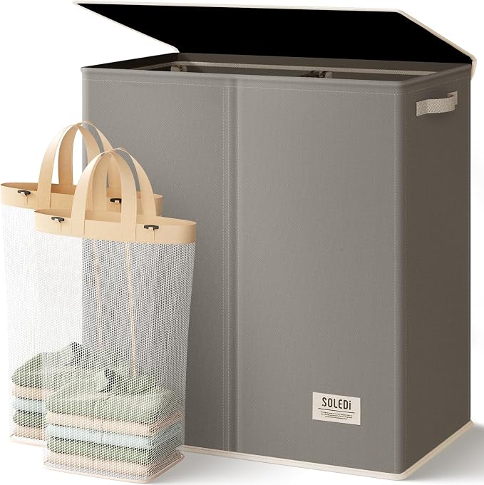 SOLEDI Large Double Laundry Hamper with Lid, Collapsible Clothes Hamper 2 section with Removable Bags, Space-Saving Laundry Basket for Bedroom, Dorm, College by SOLEDI