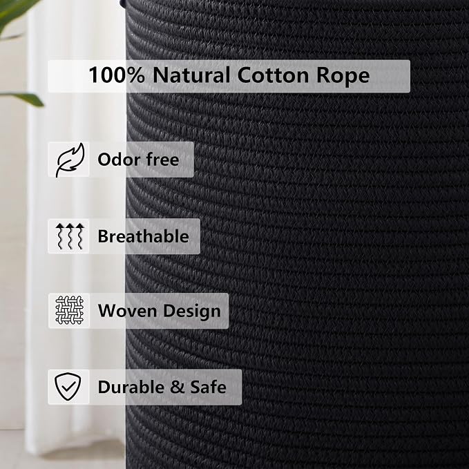 80L Extra Large Black Laundry Hamper Tall Woven Rope Laundry Basket for Clothes Modern Blanket Storage Basket in Living Room Bedroom 16"L x 16"W x 22"H - Image 6