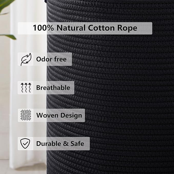 60L Black Woven Cotton Rope Laundry Hamper Basket for Clothes Tall Modern Blanket Storage Basket in Living Room Bedroom 15Dx20H inches - Image 5