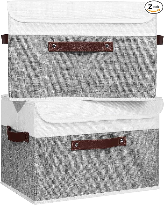 ANMINY 2PCS Storage Boxes with Lid Washable Decorative Storage Bins Basket with PU Leather Handle Foldable Linen Fabric Storage Cubes Containers for Home Closet Organizer - Gray White, Large Size by ANMINY