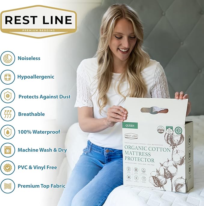 Queen Size 60x80” Premium 100% Organic Cotton Waterproof Mattress Protector, Hypoallergenic, Cooling Mattress Pad Cover, Soft & Breathable Fitted Sheet Style up to 18" Deep - Rest Line