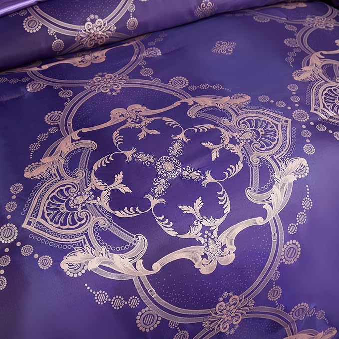 Purple Jacquard Comforter King Bedding with Satin Sheet Set Royal Embroidery Neoclassical Floral Home Decor Soft Luxury Hotel Bed in a Bag 8 Pcs