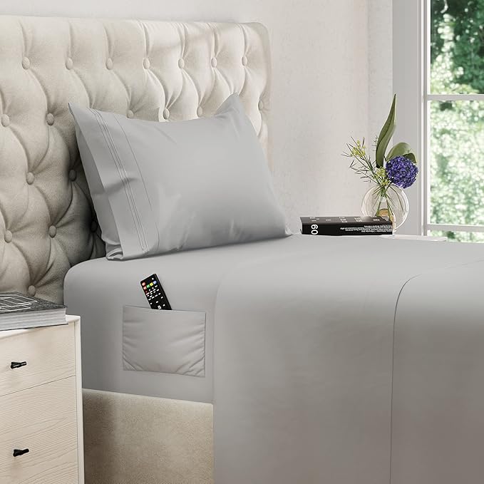 DREAMCARE Twin XL Sheet Sets - 3 pcs Breathable Cooling Bed Sheets - up to 21" Extra Deep Pocket Twin XL Sheets Set with Side Pockets - Extra Soft 100% Brushed Hypoallergenic Hotel Luxury - Light Gray