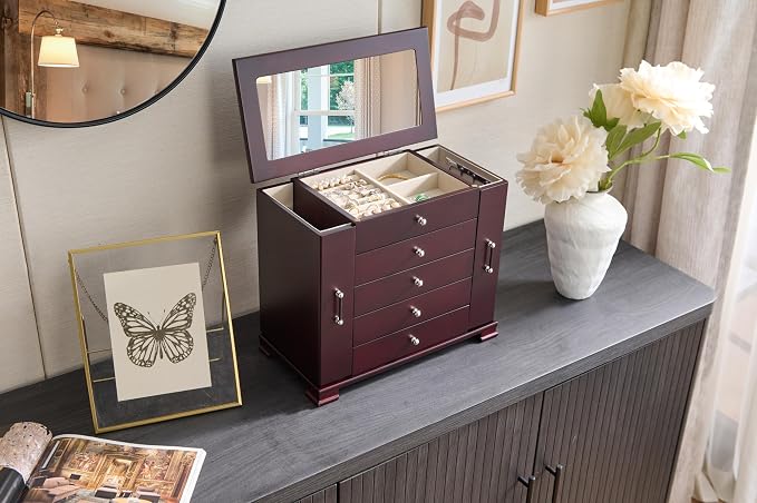 Brown 5 Layer Jewelry Box for Women,Top With Mirror Wooden Jewelry Organizer,With 8 Hook And Velvet Lining Large Jewelry Storage,For Watch Necklace Ring Earring Storage Gifts - Image 5
