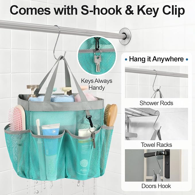 F-color Mesh Shower Caddy Portable, Upgrade Deeper 7 Pockets Shower Bag Basket Bag for College Dorm Room Toiletry Bathroom Essentials Gym Camp Quick Dry 2 handles with S Hook, Mint Green - Image 7