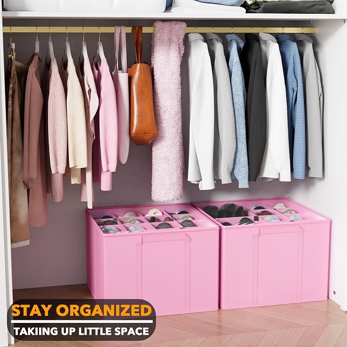 SpaceAid Shoe Organizer for Closet, 2 Pack Foldable Shoe Storage Containers Baskets Boxes Bins w/Adjustable Dividers, Fits 16-32 Pairs, Pink - Image 6