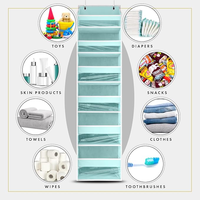HOMELUX THEORY UPGRADED 6 Tiers Over The Door Organizer Hanging - 100D EXTRA THICK & 50lbs HUGE CAPACITY, 12 Side Mesh Pockets Over The Door Shoe Organizer, Hanging Closet Organizer (Baby Blue, 2pc) - Image 7