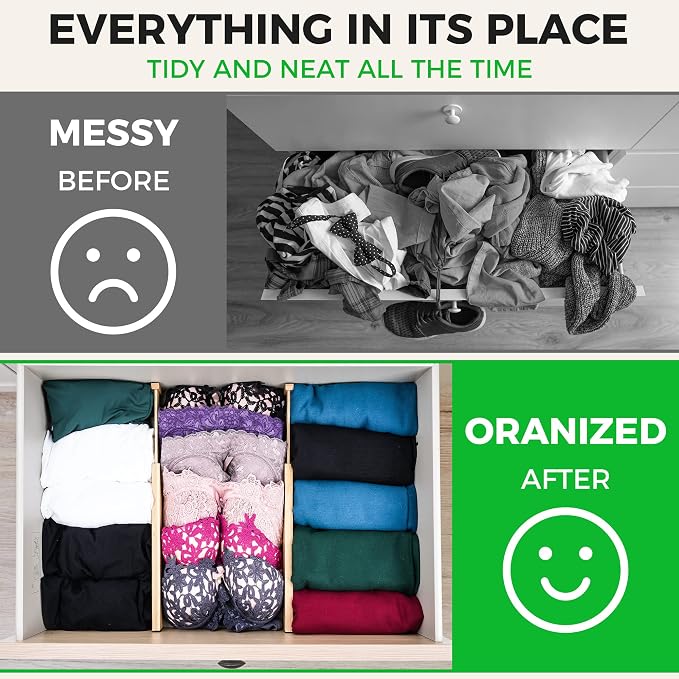 4 Pack Bamboo Drawer Dividers Organizer with Inserts 2.6'' High, Expandable from 12.5-21.7", Adjustable Drawer Organizer Separators for Utensils, Clothing, Office, Dresser, Bedroom, (Beige) - Image 5