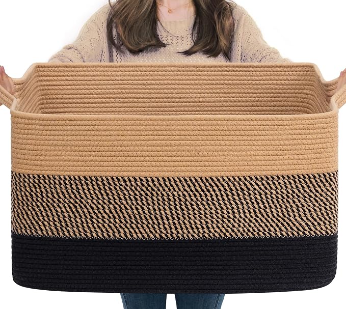 Goodpick Large Blanket Basket 22" x 17" x 12" Wicker Laundry Baskets for Organizing, Decorative Woven Rope Basket for Living Room Bedroom, Rectangle Toy Storage Baskets for Kids by Goodpick