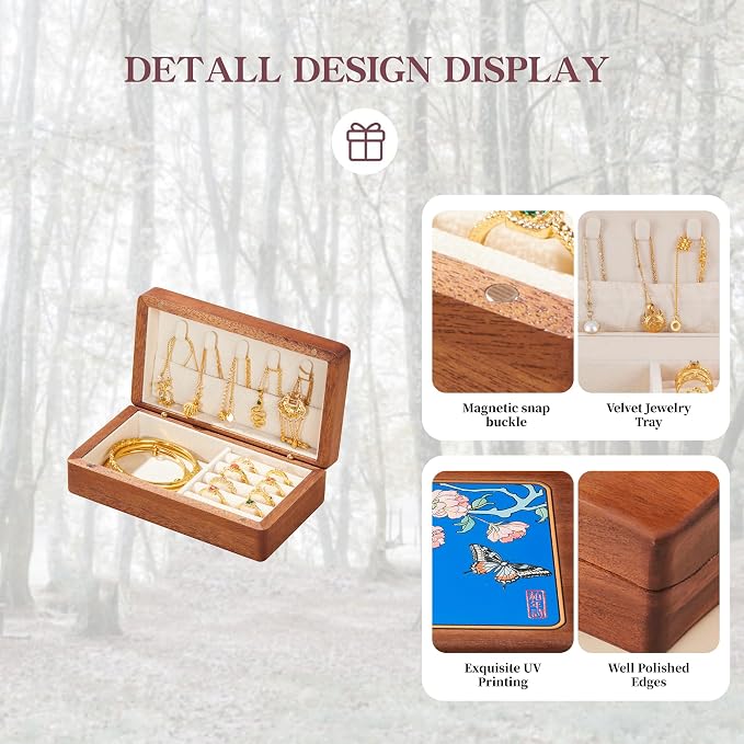 Travel Jewelry Case Small Wood Jewelry Organizer Jewelry Box for Women (Nut-Brown Print F) - Image 3