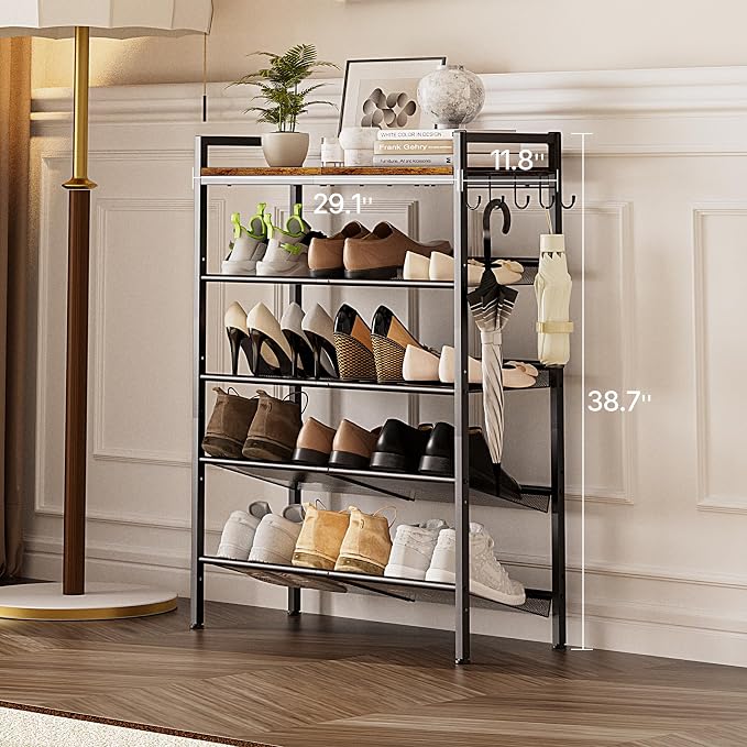 5 Tier Shoe Rack, Shoe Rack for Entryway with Hook, Shoe Organizer with Adjustable Mesh Shelves, Metal Shoe Storage, Closet, Bedroom Living Room Garage - Image 2