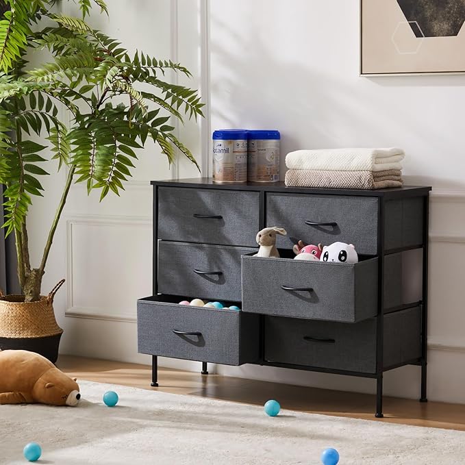 Sweetcrispy Dresser for Bedroom with 6 Storage Drawers, Fabric Storage Tower Organizer, Chest of Drawers with Metal Frame Wooden Top for Closet, Living Room, Entryway, Grey