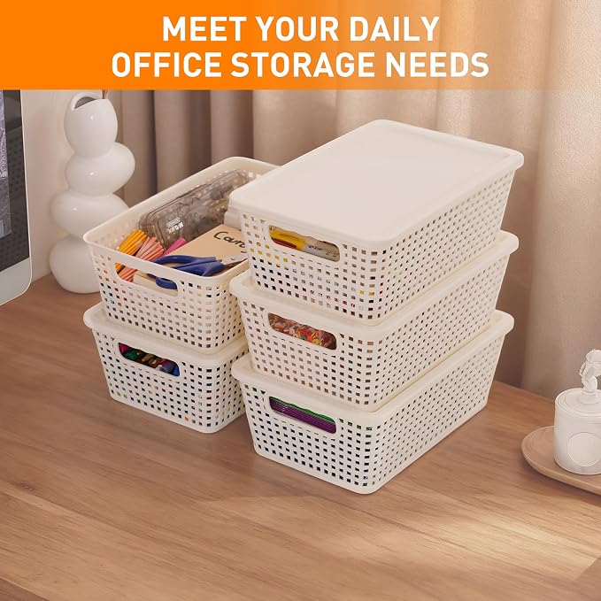 Plastic Storage Baskets With Lid, Storage Bins for Organizing, Stackable Decorative Containers for Shelves Drawers Desktop Closet Playroom Classroom Office, 6 Pack- White - Image 4