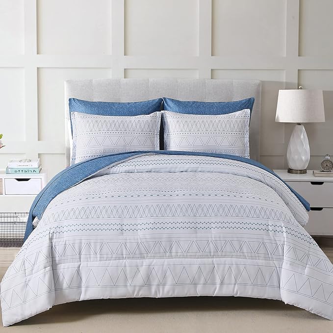 WONGS BEDDING Blue Boho Bed in a Bag Queen,7 Pieces Navy Comforter Set Queen Geometric Comforter Reversible Soft Microfiber Bedding Set with Comforter,Pillowcases,Flat Sheet,Fitted Sheet,Pillow Shams