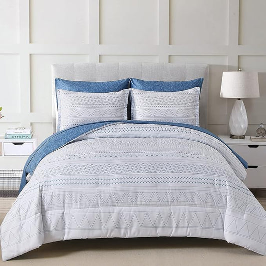 WONGS BEDDING Blue Boho Bed in a Bag Queen,7 Pieces Navy Comforter Set Queen Geometric Comforter Reversible Soft Microfiber Bedding Set with Comforter,Pillowcases,Flat Sheet,Fitted Sheet,Pillow Shams