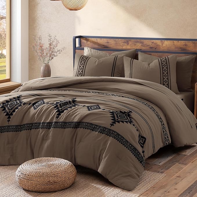 MaiRêve Embroidery Queen Size Comforter Set Taupe Grey, Boho Farmhouse Western Bedding Set 7 Pieces, All Season Bed in A Bag Comforter Set with Sheets, Pillowcases & Shams