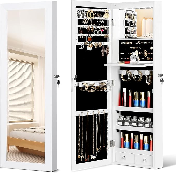 Mirror Jewelry Cabinet, Wall/Door Mounted Jewelry Armoire with Full-Length Mirror, Hanging Jewelry Organizer with LED Interior Lights, White by JOYUSAEN