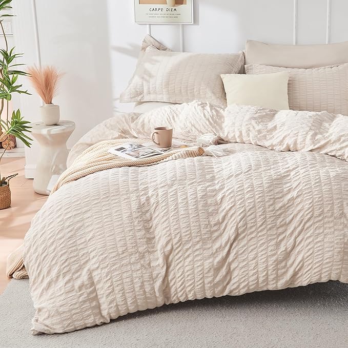HYMOKEGE Beige California King Comforter Set Seersucker 7 Pieces, All Season Luxury Bed in a Bag for Bedroom, Bedding Set with Comforters, Sheets, Pillowcases & Shams