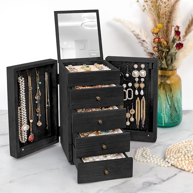 Meangood Jewelry Box Wood for Women, 5-Layer Large Organizer Box with Mirror & 4 Drawers for Rings, Earrings, Necklaces, Black - Image 7