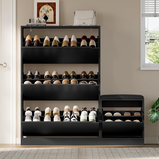 BORNOON Shoe Cabinet with Bench and 3 Flip Drawers, Slim Narrow Shoe Storage Cabinet, Freestanding Shoe Rack Organizer with Adjustable & Removable Shelves, Anti-Tip for Entryway, Hallway, Foyer - Image 7