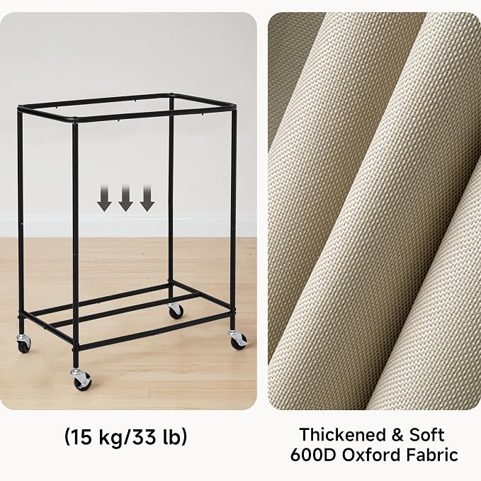 StorageWorks Laundry Hamper 2 Section, 100L Rolling Laundry Sorter Cart with Removable and Washable Liner Bag, Clothes Hamper with Wheels and Handle for Laundry Room and Bedroom, Light Khaki - Image 5