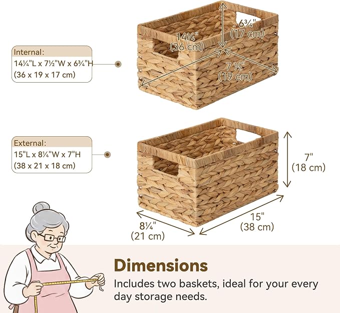 GRANNY SAYS Wicker Storage Baskets for Shelves, Wicker Baskets for Organizing, Water Hyacinth Woven Basket for Storage, Rectangle Basket for Pantry, Laundry, 2-Pack - Image 2