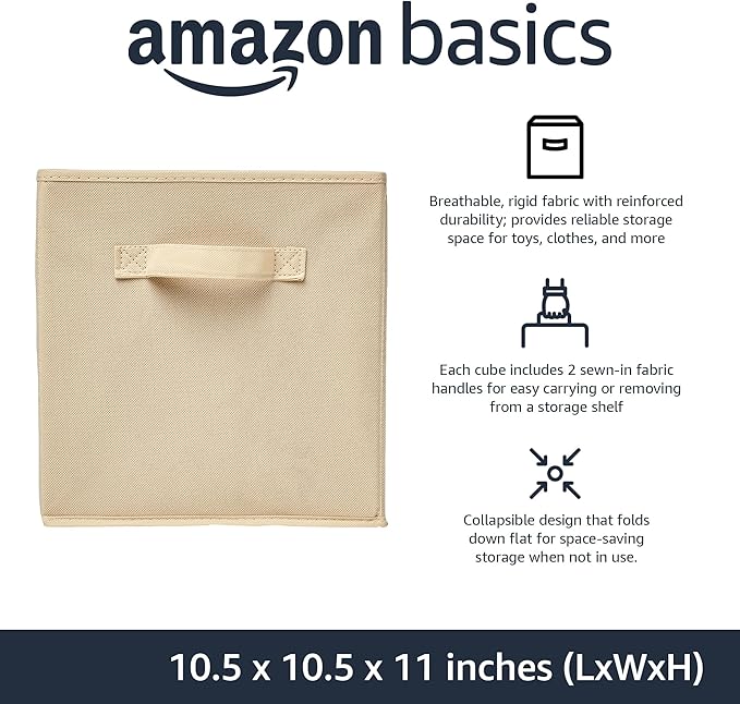 Amazon Basics Collapsible Fabric Storage Cubes Organizer with Handles, Sturdy Storage Bins for Organization, 10.5" x 10.5" x 11", Beige, 6-Pack - Image 2