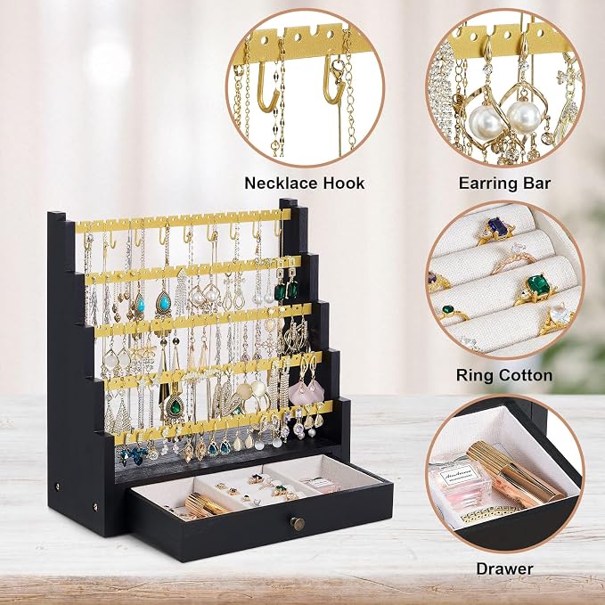 Pinzoveco Earring Organizer, 5 Layer Earring Holder Organizer with Metal Necklace Holder Pole, Rustic Wood Jewelry Organizer Stand Display for Stud Earring Bracelet Necklace Ring, 175 Earring Holes - Image 6