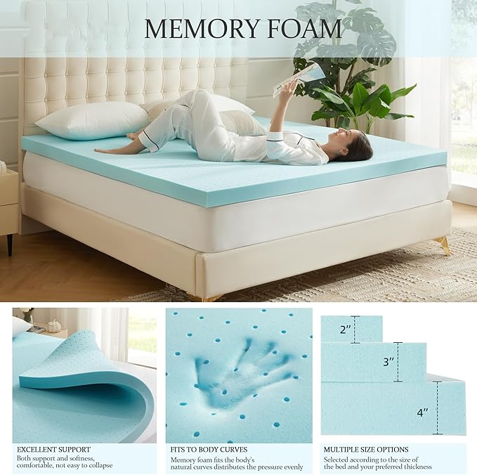3 Inch Memory Foam Mattress Topper Full, Mattress Pad Gel Infused Foam Bed Topper, Ventilated Soft Blue,Full Size