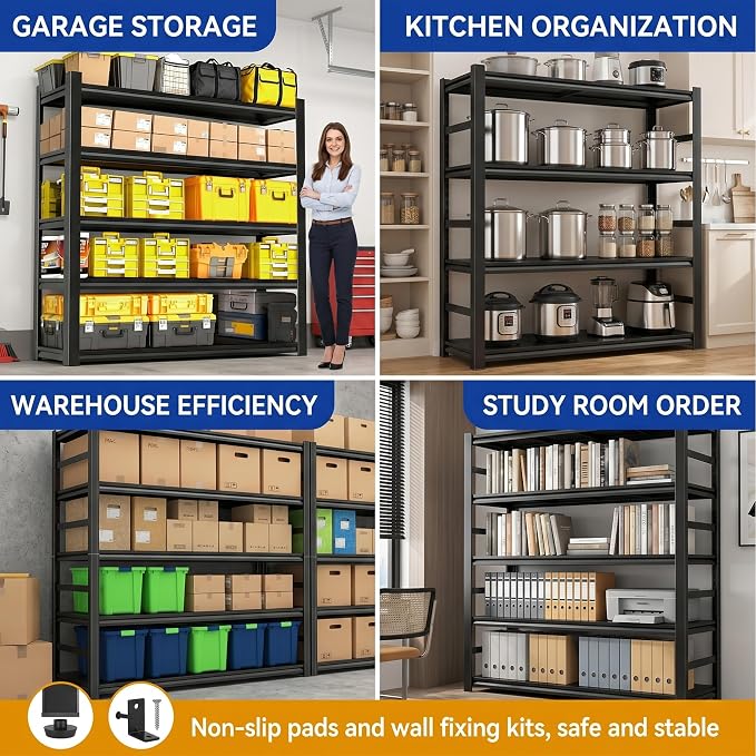 88" H×48" W Garage Shelving,6-Tier Heavy Duty Shelving, 3000 lbs Capacity Garage Storage Shelves, Industrial Shelves for Heavy Tools and Equipment, Ideal for Garage, Basement, Black - Image 7