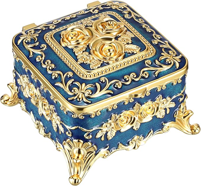 Hipiwe Metal Jewelry Box Decorative Trinket Chest Rectangular Treasure Display Case Keepsake Organizer for Earrings Ring Holder, Blue, 5.1" L x 5.1" W x 3.1" H - Image 9