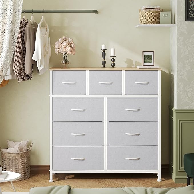 OLIXIS 9 Drawer Storage Dresser with Wood Top - Wide Fabric Chest Organizer for Bedroom, Closet, Living Room,Tower Cabinet, TV Stand, Hallway Entryway Furniture,Light Grey - Image 2