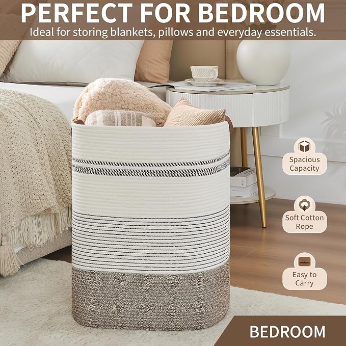 AINUOQI Laundry Hamper - Tall Woven Rope Laundry Basket - Clothes hamper with Leather Handles, 17" X 13.8" X 22", Blanket Storage Basket for Living Room, Rice Brown & White - Image 6