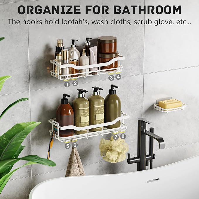 OMAIRA 3-Pack Shower Caddy with Soap Holder, Adhesive Rustproof No-drill Strudy Loading Inside Shower Organizer Shelves Rack Storage Bathroom Organization for Smooth Wall Glass Tile, White (X-Large) - Image 6