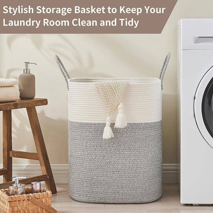 AINUOQI Laundry Basket with Handles - Blanket Basket & Hampers for Bedroom Aesthetic, Laundry Hamper & Blanket Storage for Living Room, Clothes Hamper, Tall, Large 17" x 14" x 24”, White & Grey - Image 5