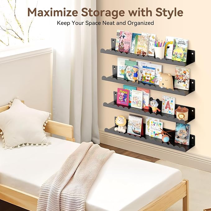 Floating Shelves for Wall, 23 Inch Metal Nursery Book Shelves 4 Pack, Wall Mounted Book Shelf for Kids Room, Bedroom, Bathroom, Playroom Decor (Black) - Image 6