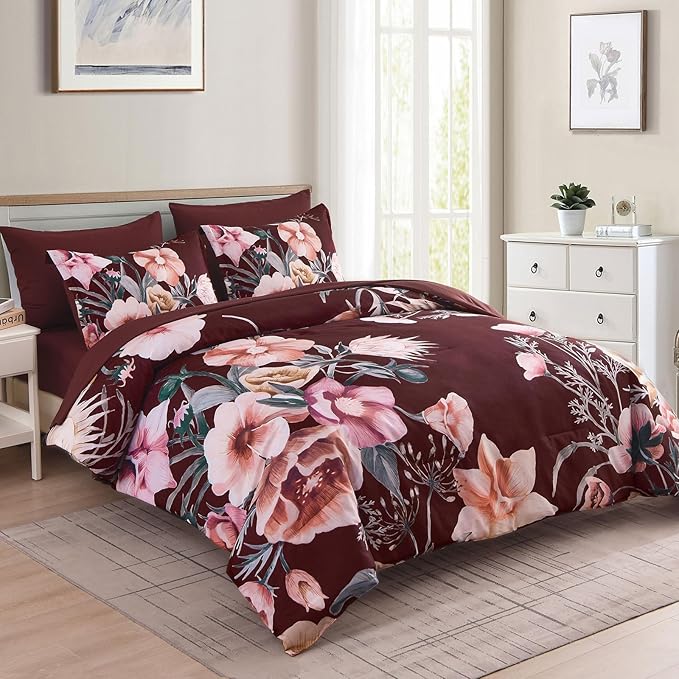 Luxudecor Burgundy Floral Comforter Set Queen Size 7 Piece, Flower Bed in a Bag, Elegant Floral Comforter with Sheet Set, Soft Microfiber Bedding Set for All Season (Burgundy, 90"x90")