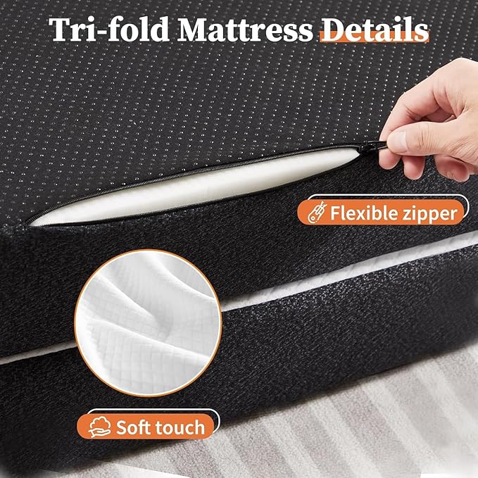 Sweetcrispy Tri-fold Queen Size Mattress - 3 Inch Portable Bed Pad, Foldable Mat, Collapsible and Washable Cover with CertiPUR-US Certified, for Travel & Camping & Yoga, Memory Foam