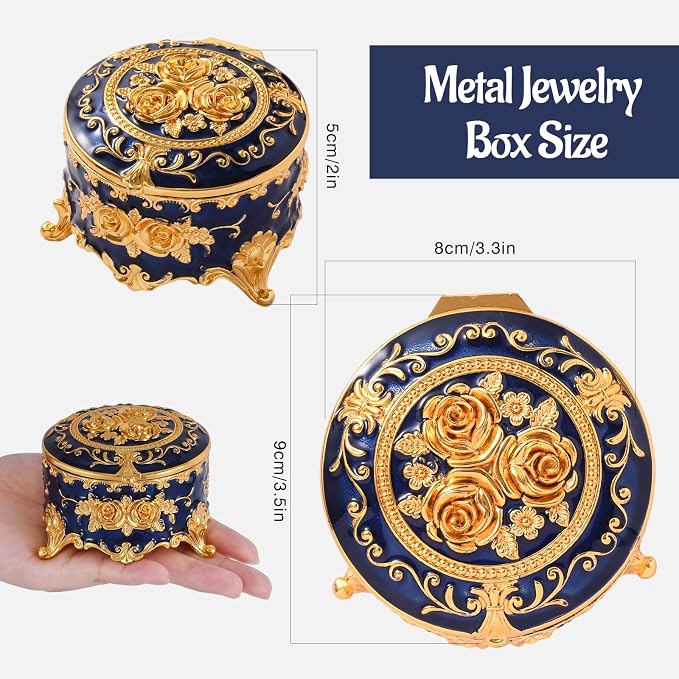 Vintage Jewelry Box, Gold Round Treasure Ring Box, Metal Trinket Organizer Keepsake Box Gift for Girl Women, Deep Blue - Image 2