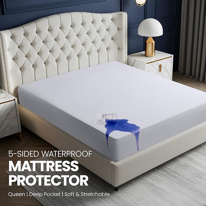 Utopia Bedding Waterproof 5-Sided Mattress Protector Queen Size, Premium Breathable Mattress Cover, Fitted Style with Stretchable Pockets (White)