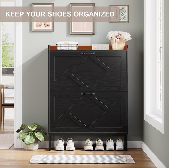 Nicetree Shoe Storage Cabinet with 2 Flip Drawers, Freestanding Shoe Organizer, Shoe Cabinet with Metal Legs, Farmhouse Slim Shoe Cabinet for Entryway, Foyer, Hallway, Black - Image 7
