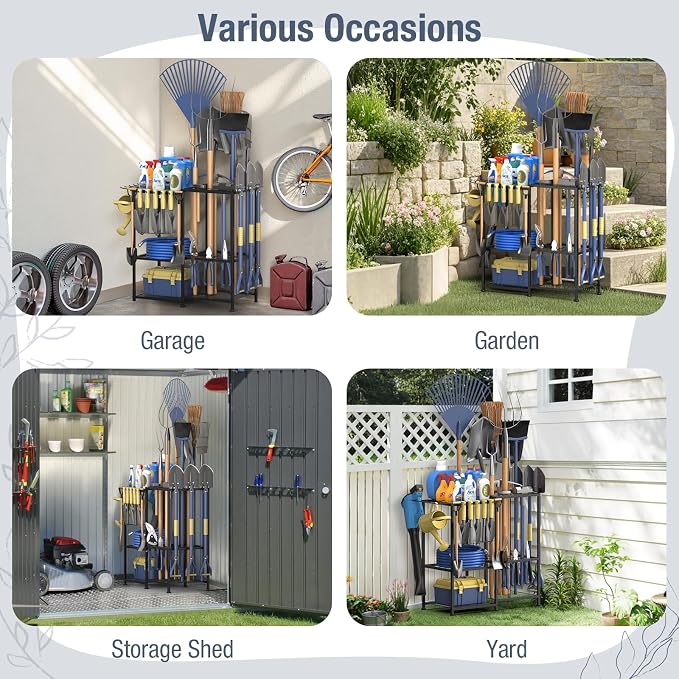 Garden Tool Organizer, Metal Yard Tool Organizer,Holds 70 Long-Handled Tools/Rakes/Brooms,Side Garden Pocket,Heavy Duty Steel Yard Tool Storage Rack for Garage,Shed, Outdoor(Black-Large) - Image 7
