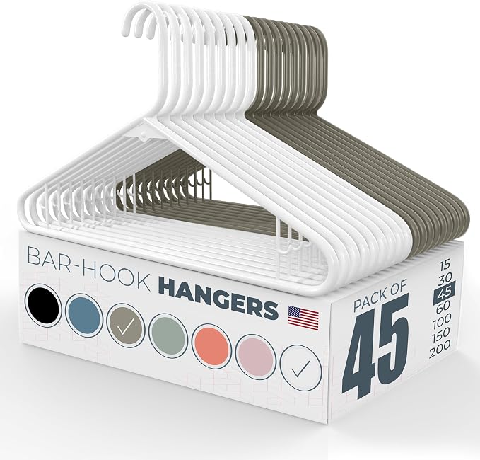 Neaties Plastic Hangers 45 Pack - Made in the USA - 6lb Capacity Standard Clothes Hangers with Strap Hooks for Dresses, Lingerie, Shirts, Pants, and Jackets - White & Gray by NeatiesHangers