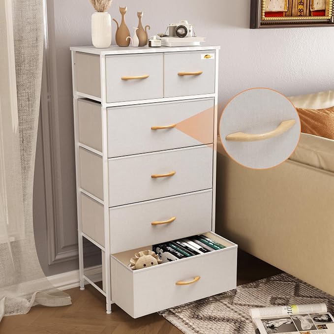 Fabric Dresser for Bedroom, Tall Skinny Dresser with 6 Drawers, Storage Organizer Tower, Steel Frame Wooden Top for Closet, Living Room, Hallway(Beige) - Image 4