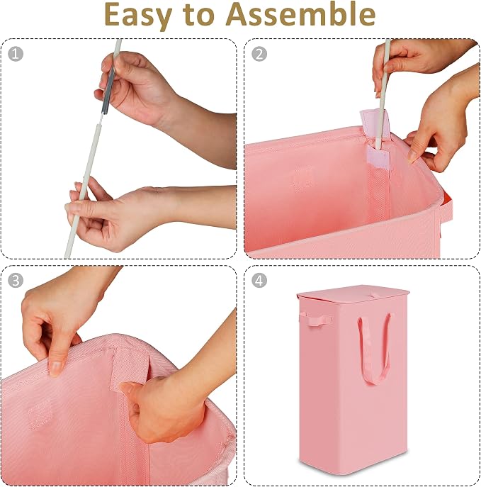 efluky Slim Laundry Basket with Lid, Narrow Laundry Hamper with Handles, Collapsible Dirty Clothes Hamper, Tall Laundry Bin for Laundry Room, Dorm and Bedroom, 55L Pink - Image 4