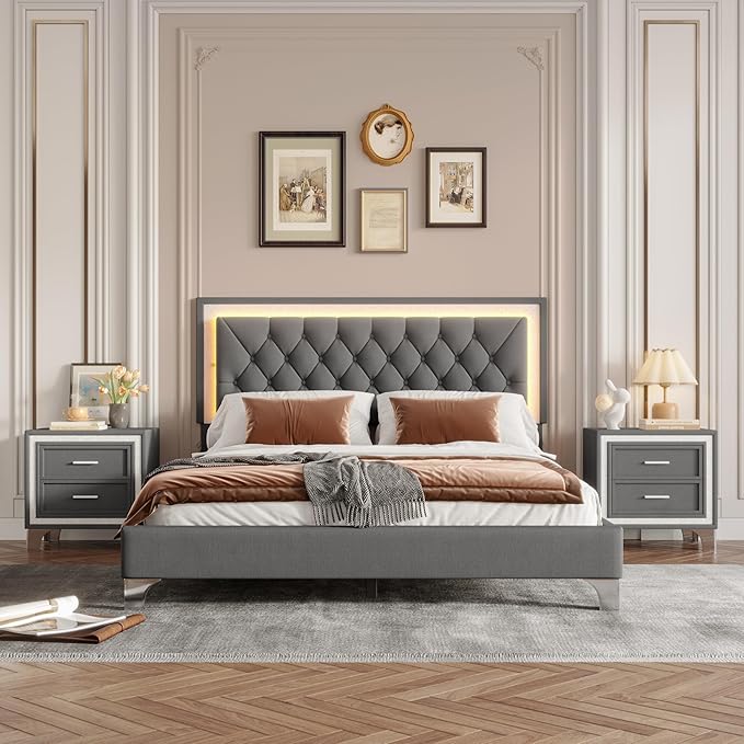 Harper & Bright Designs Farmhouse 3 Pieces Queen Size Bedroom Sets, Upholstered Platform Bed Frame with Headboard, 2 Nightstands and LED Lights, 3 Piece Bedroom Furniture Sets (Gray)