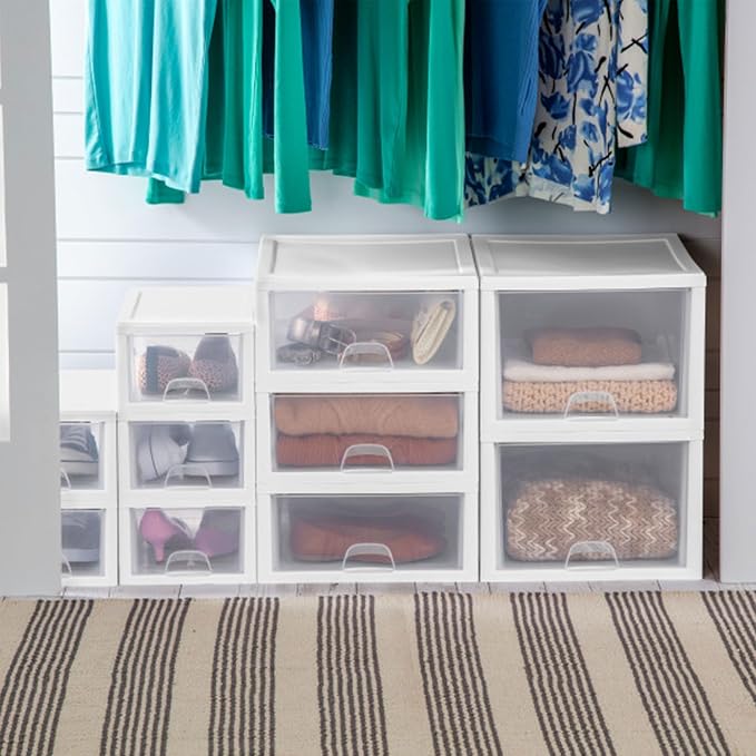 Sterilite 12-Pack 27 Quart Stacking Drawer, Clear Storage Closet Organizer, White Frame - Stackable Modular Plastic Drawers for Clothes, Accessories, Craft Supplies, Shoes or Linens - Image 5